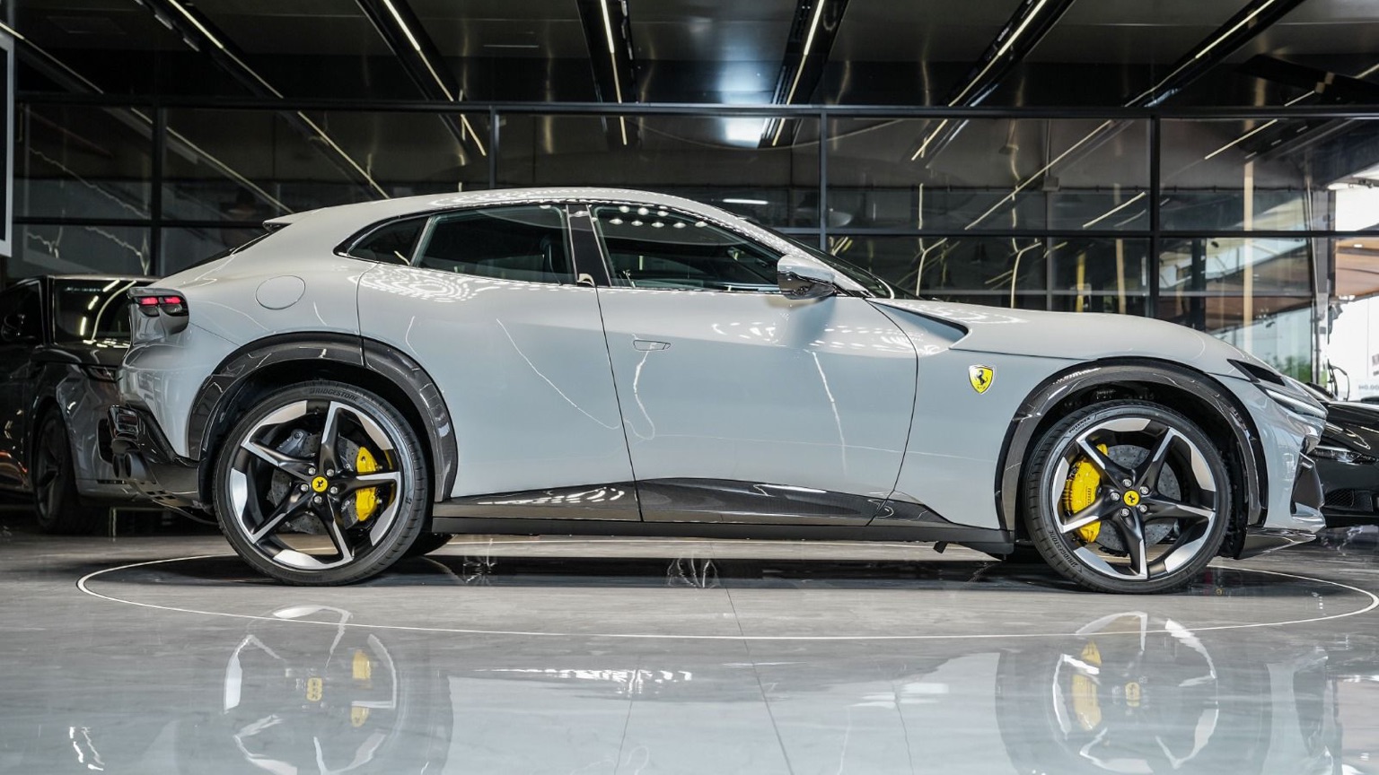 Ferrari Purosangue in profile on the showroom floor